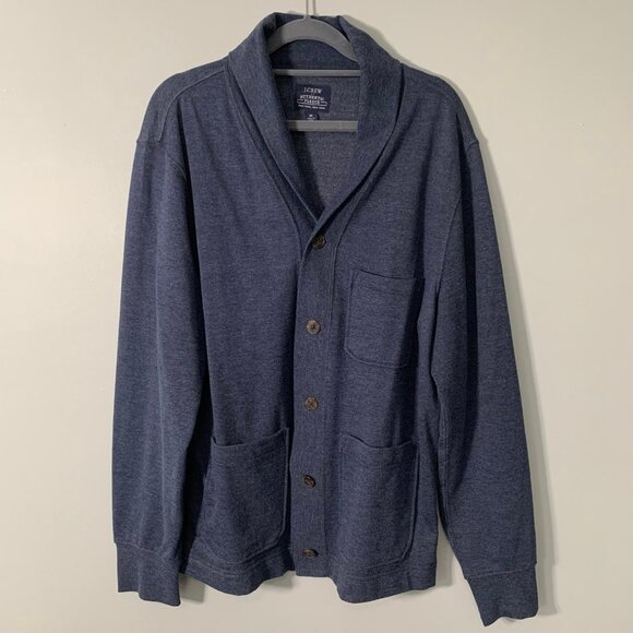 J. Crew Fleece shawl cardigan dark navy blue button front sweater - Picture 1 of 10